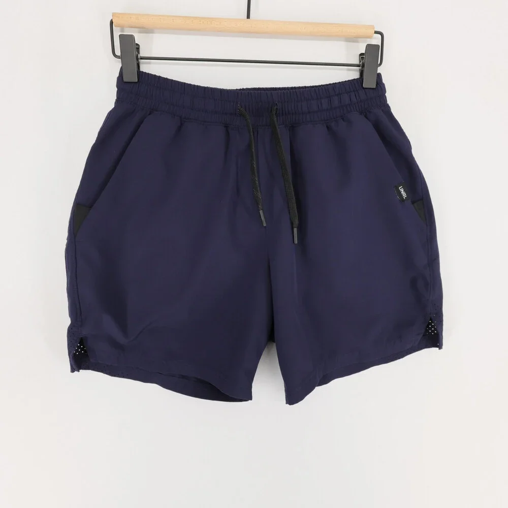 UNRL Stride Shorts Mens S Navy Blue Drawstring Zip Pocket Stretch Athletic